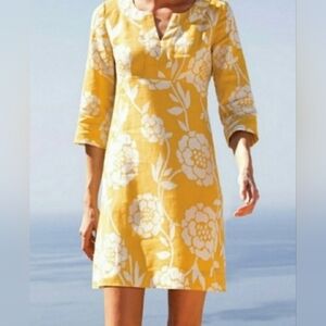 Boden Floral Mustard Yellow & White 3/4 Sleeve Linen Tunic Dress Size 12L